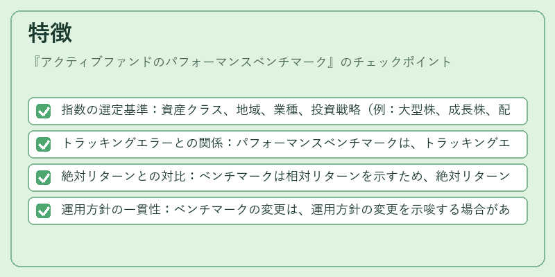 特徴（アクティブファンドのパフォーマンスベンチマーク）の図解