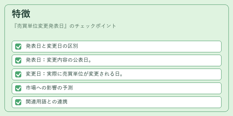 特徴（売買単位変更発表日）の図解