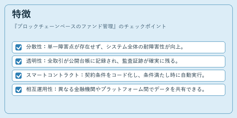 特徴（ブロックチェーンベースのファンド管理）の図解