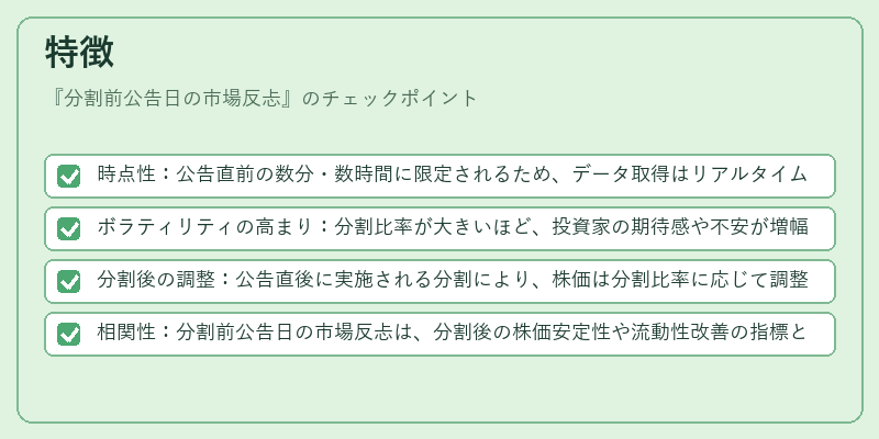 特徴（分割前公告日の市場反忐）の図解