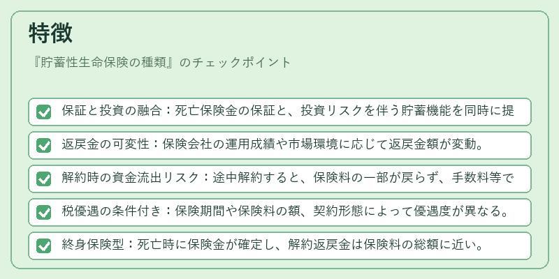 特徴（貯蓄性生命保険の種類）の図解