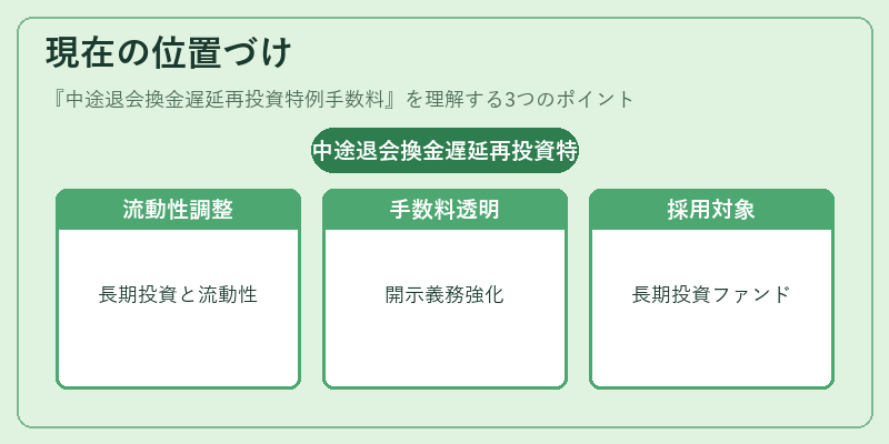 現在の位置づけ（中途退会換金遅延再投資特例手数料）の図解