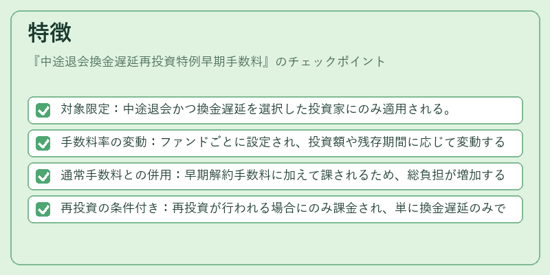 特徴（中途退会換金遅延再投資特例早期手数料）の図解