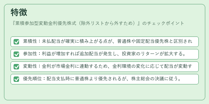 特徴（累積参加型変動金利優先株式（除外リストから外すため））の図解