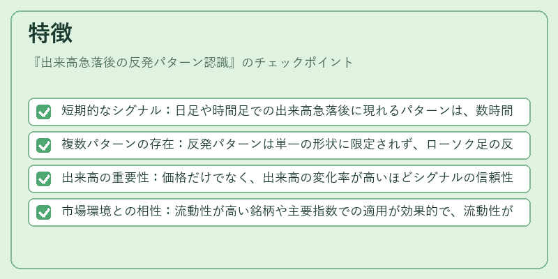 特徴（出来高急落後の反発パターン認識）の図解