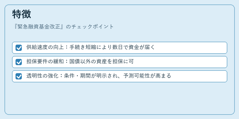 特徴（緊急融資基金改正）の図解