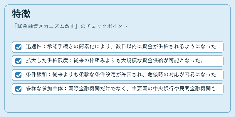 特徴（緊急融資メカニズム改正）の図解