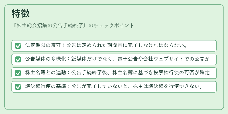 特徴（株主総会招集の公告手続終了）の図解