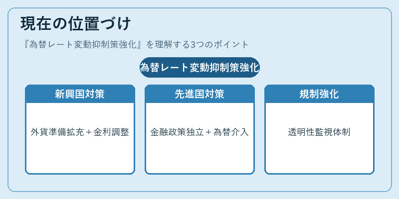 現在の位置づけ(為替レート変動抑制策強化)の図解
