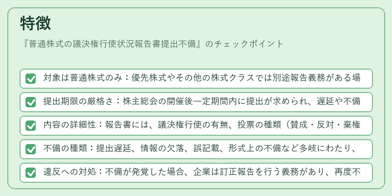 特徴（普通株式の議決権行使状況報告書提出不備）の図解
