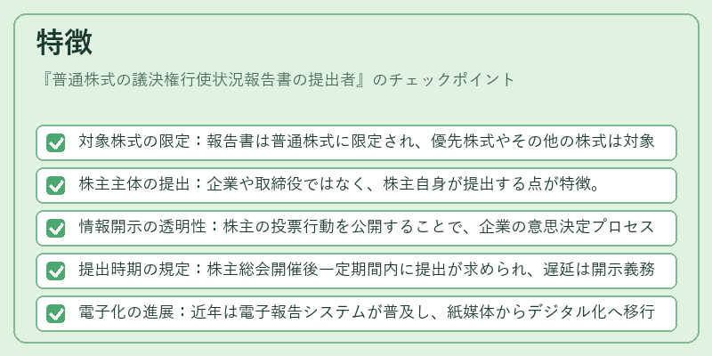 特徴（普通株式の議決権行使状況報告書の提出者）の図解