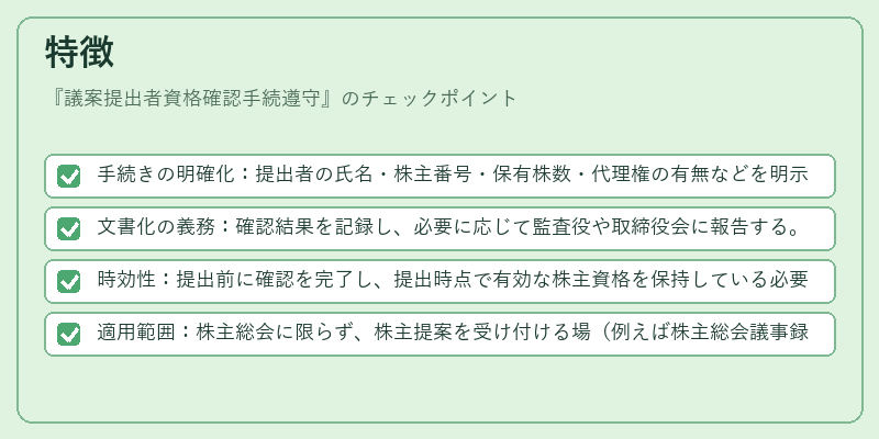 特徴（議案提出者資格確認手続遵守）の図解
