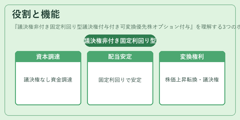 役割と機能（議決権非付き固定利回り型議決権付与付き可変換優先株オプション付与）の図解