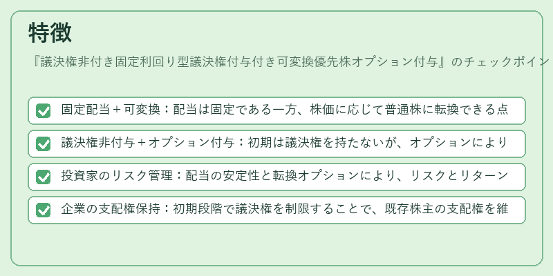 特徴（議決権非付き固定利回り型議決権付与付き可変換優先株オプション付与）の図解