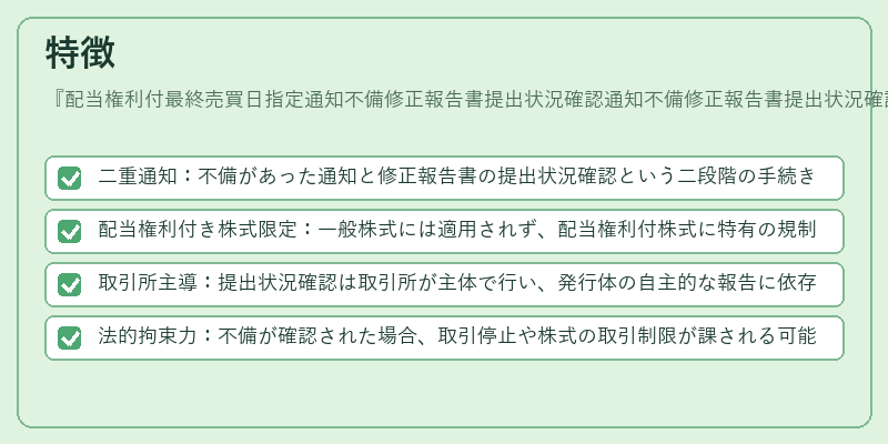特徴（配当権利付最終売買日指定通知不備修正報告書提出状況確認通知不備修正報告書提出状況確認）の図解