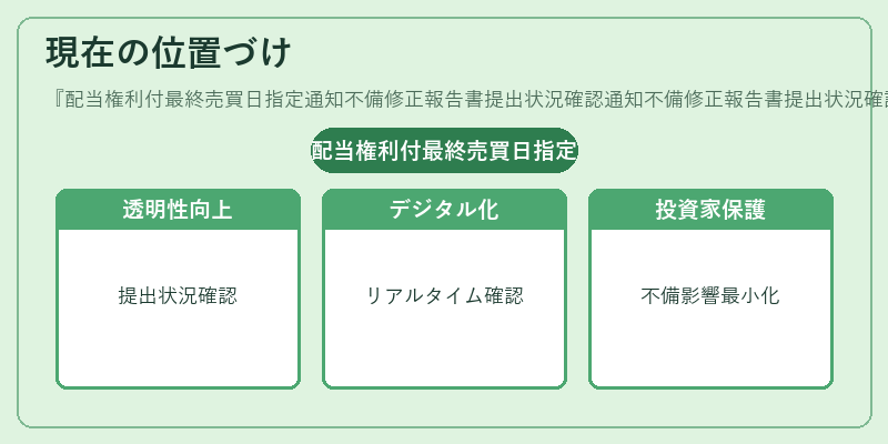 現在の位置づけ（配当権利付最終売買日指定通知不備修正報告書提出状況確認通知不備修正報告書提出状況確認通知不備修正）の図解