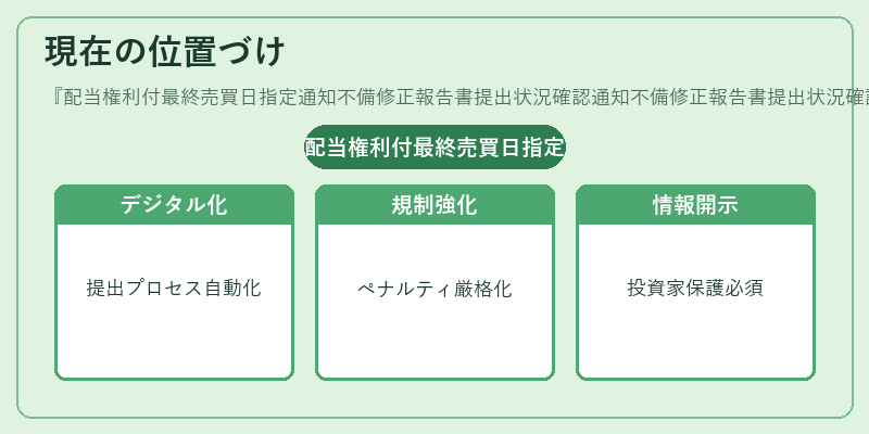 現在の位置づけ（配当権利付最終売買日指定通知不備修正報告書提出状況確認通知不備修正報告書提出状況確認通知不備修正報告書提出）の図解