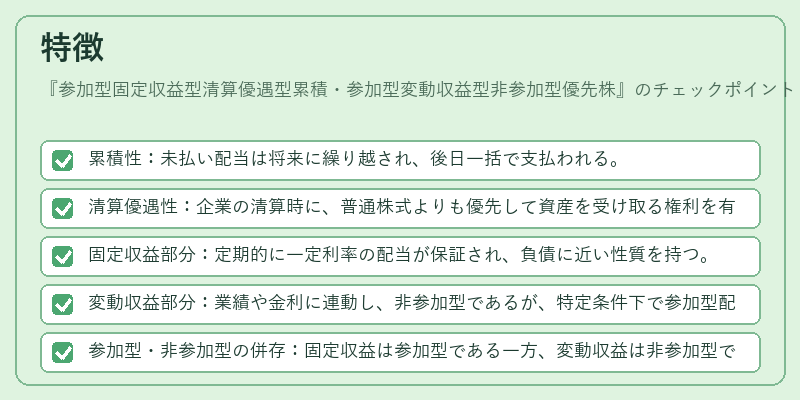 特徴(参加型固定収益型清算優遇型累積・参加型変動収益型非参加型優先株)の図解
