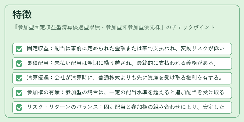 特徴(参加型固定収益型清算優遇型累積・参加型非参加型優先株)の図解