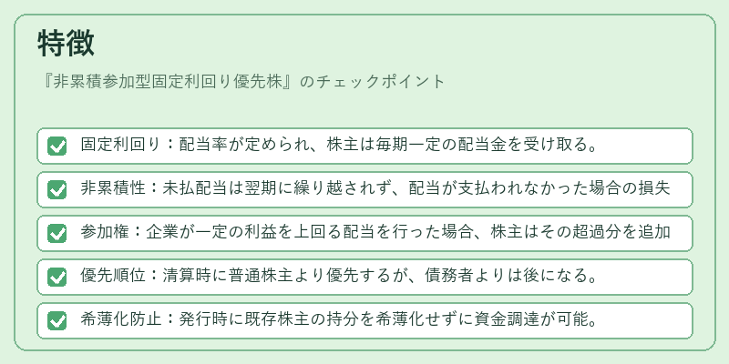 特徴（非累積参加型固定利回り優先株）の図解