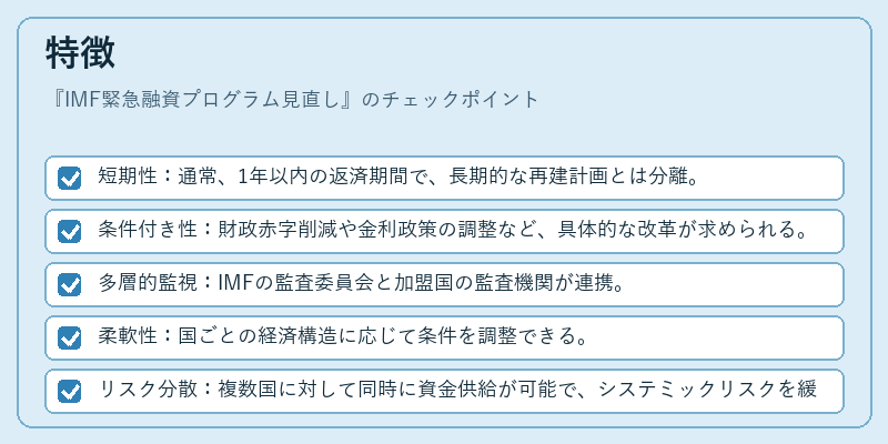 特徴（IMF緊急融資プログラム見直し）の図解