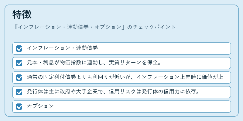 特徴（インフレーション・連動債券・オプション）の図解
