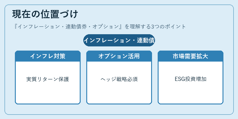 現在の位置づけ（インフレーション・連動債券・オプション）の図解