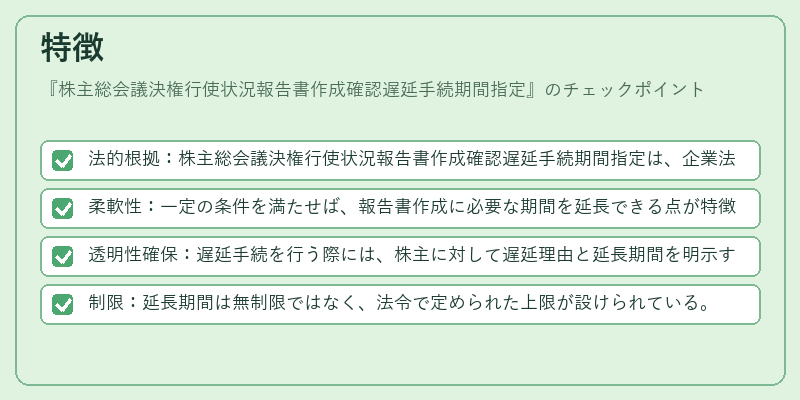 特徴（株主総会議決権行使状況報告書作成確認遅延手続期間指定）の図解
