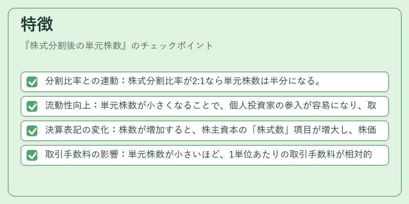 特徴（株式分割後の単元株数）の図解