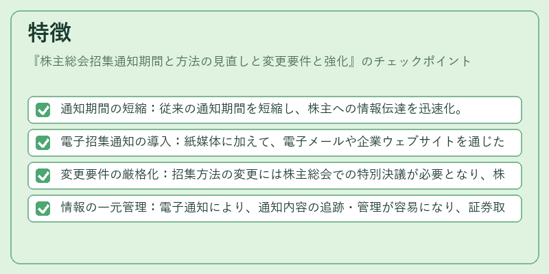 特徴（株主総会招集通知期間と方法の見直しと変更要件と強化）の図解