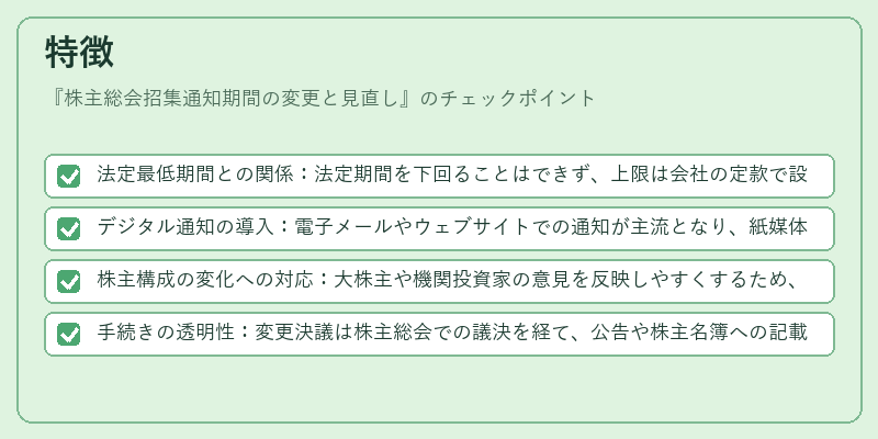 特徴（株主総会招集通知期間の変更と見直し）の図解