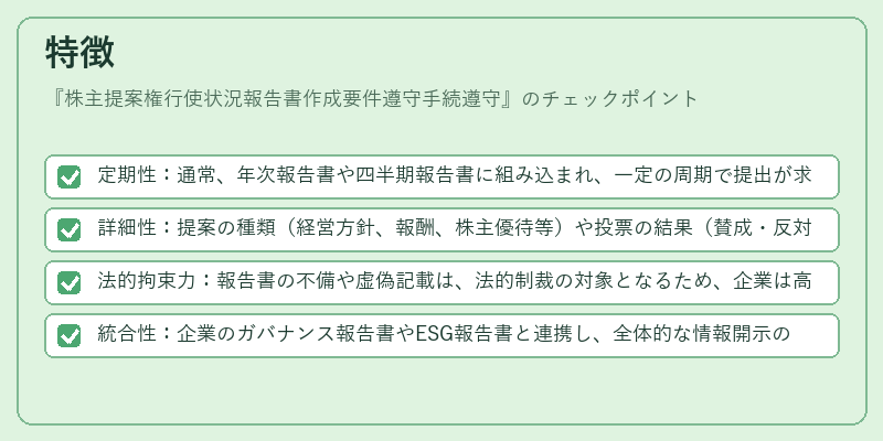 特徴（株主提案権行使状況報告書作成要件遵守手続遵守）の図解