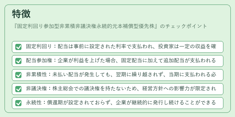 特徴（固定利回り参加型非累積非議決権永続的元本補償型優先株）の図解