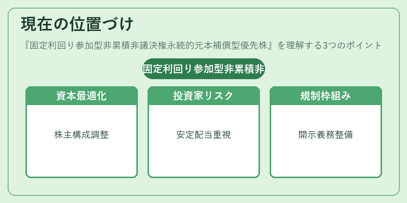 現在の位置づけ（固定利回り参加型非累積非議決権永続的元本補償型優先株）の図解
