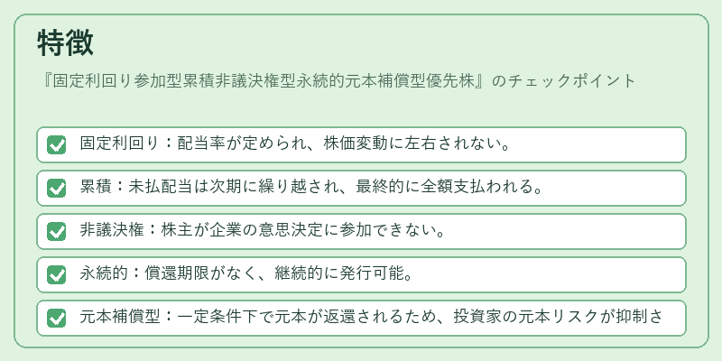 特徴（固定利回り参加型累積非議決権型永続的元本補償型優先株）の図解