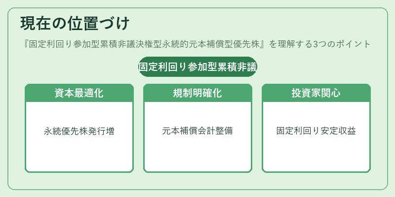 現在の位置づけ（固定利回り参加型累積非議決権型永続的元本補償型優先株）の図解