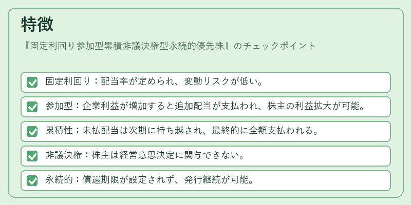 特徴（固定利回り参加型累積非議決権型永続的優先株）の図解