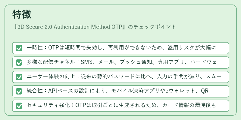 特徴（3D Secure 2.0 Authentication Method OTP）の図解