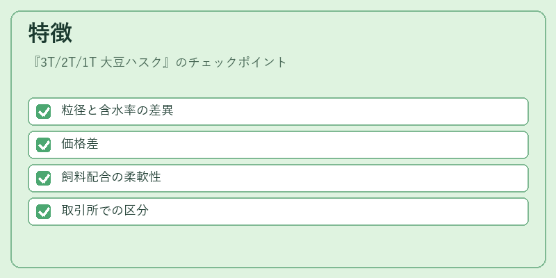 特徴（3T/2T/1T 大豆ハスク）の図解