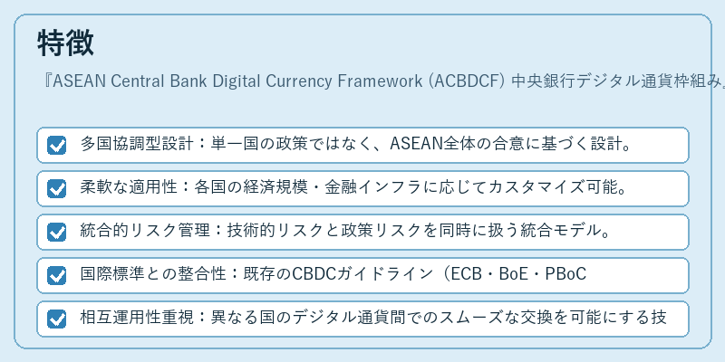 特徴（ASEAN Central Bank Digital Currency Framework (ACBDCF) 中央銀行デジタル通貨枠組み）の図解
