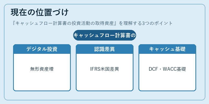 現在の位置づけ（キャッシュフロー計算書の投資活動の取得資産）の図解