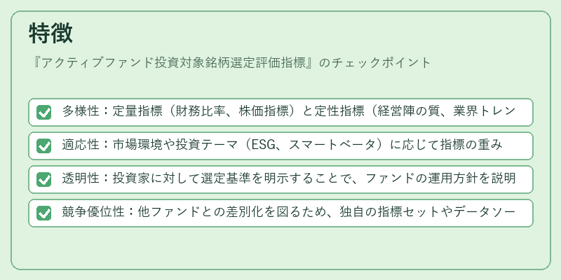 特徴（アクティブファンド投資対象銘柄選定評価指標）の図解