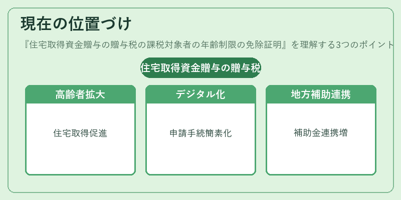 現在の位置づけ（住宅取得資金贈与の贈与税の課税対象者の年齢制限の免除証明）の図解