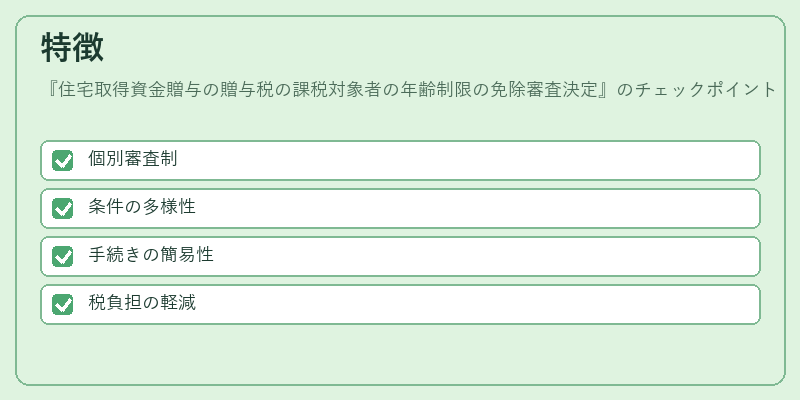 特徴（住宅取得資金贈与の贈与税の課税対象者の年齢制限の免除審査決定）の図解