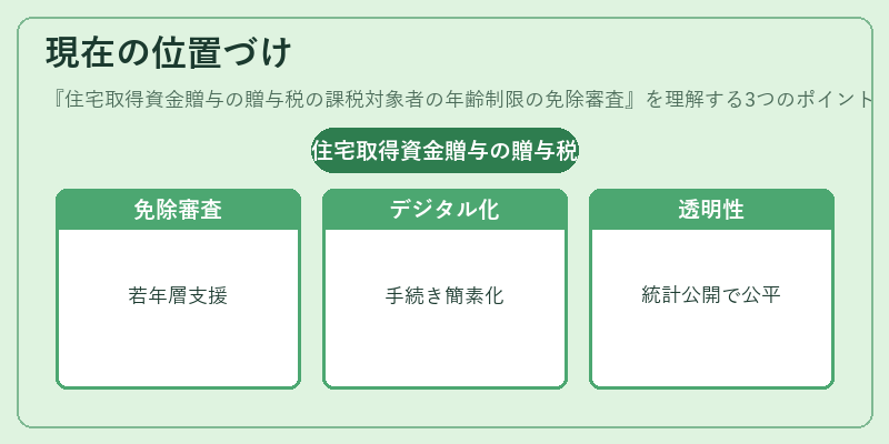 現在の位置づけ（住宅取得資金贈与の贈与税の課税対象者の年齢制限の免除審査）の図解