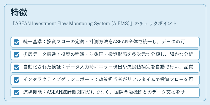特徴（ASEAN Investment Flow Monitoring System (AIFMS)）の図解