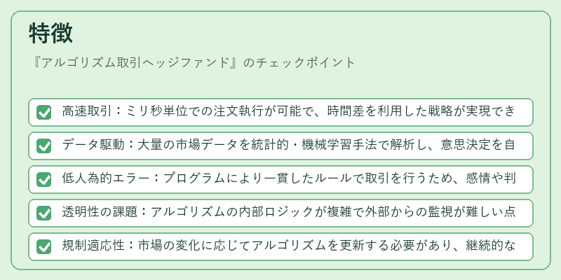 特徴（アルゴリズム取引ヘッジファンド）の図解