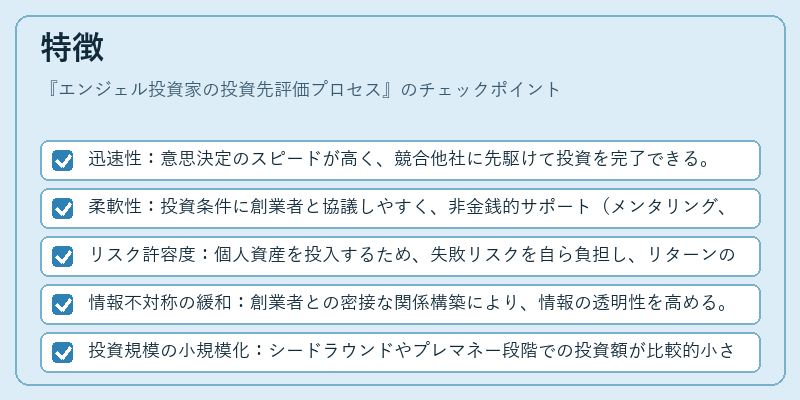 特徴（エンジェル投資家の投資先評価プロセス）の図解