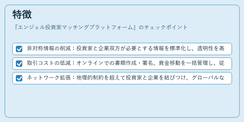 特徴（エンジェル投資家マッチングプラットフォーム）の図解