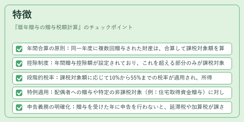 特徴（暦年贈与の贈与税額計算）の図解